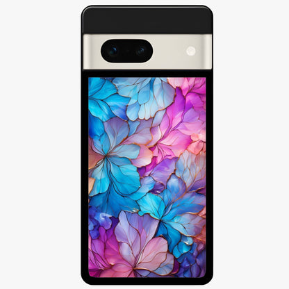 Radiant Floral Whirl Glass Case showing flat back view with swirling floral artwork and glossy glass finish.