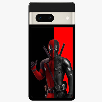 Red & Black Deadpool Theme Glass Case showing flat back view with bold comic inspired artwork and glossy glass finish.