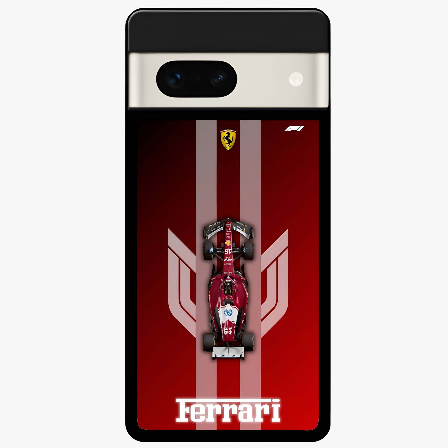 Red Ferrari F1 Vertical Glass Case showing flat back view with sleek Formula racing car artwork and glossy glass finish.