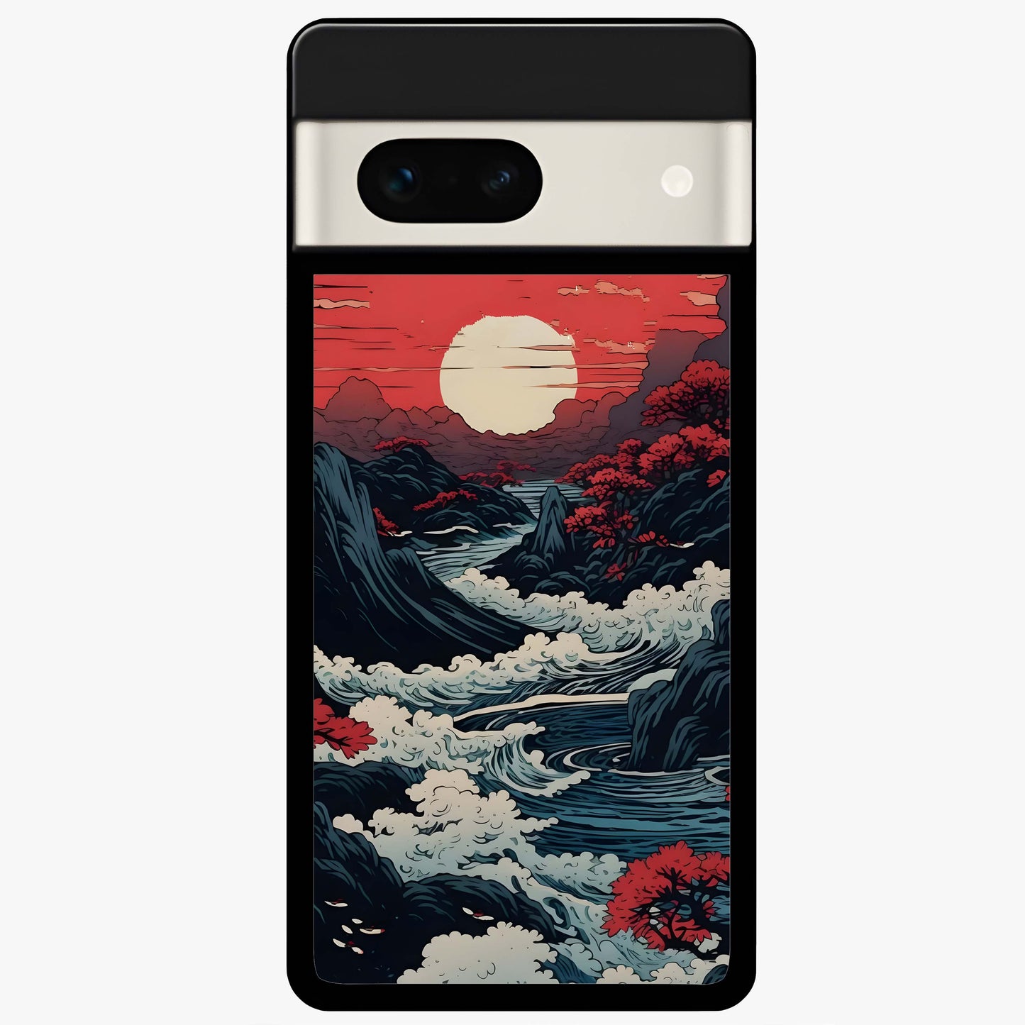 Red Sunset Scenery Glass Case showing flat back view with vibrant sunset landscape artwork and glossy glass finish.