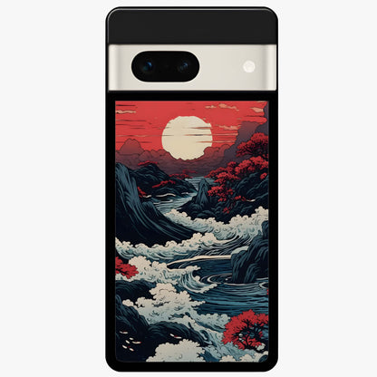 Red Sunset Scenery Glass Case showing flat back view with vibrant sunset landscape artwork and glossy glass finish.