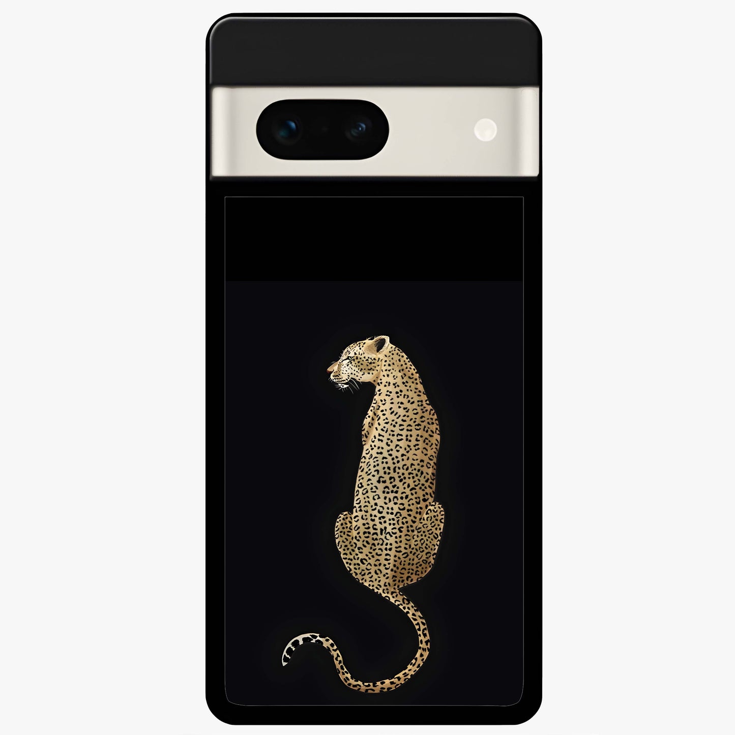 Regal Leopard Glass Case showing flat back view with bold leopard artwork and glossy glass finish.