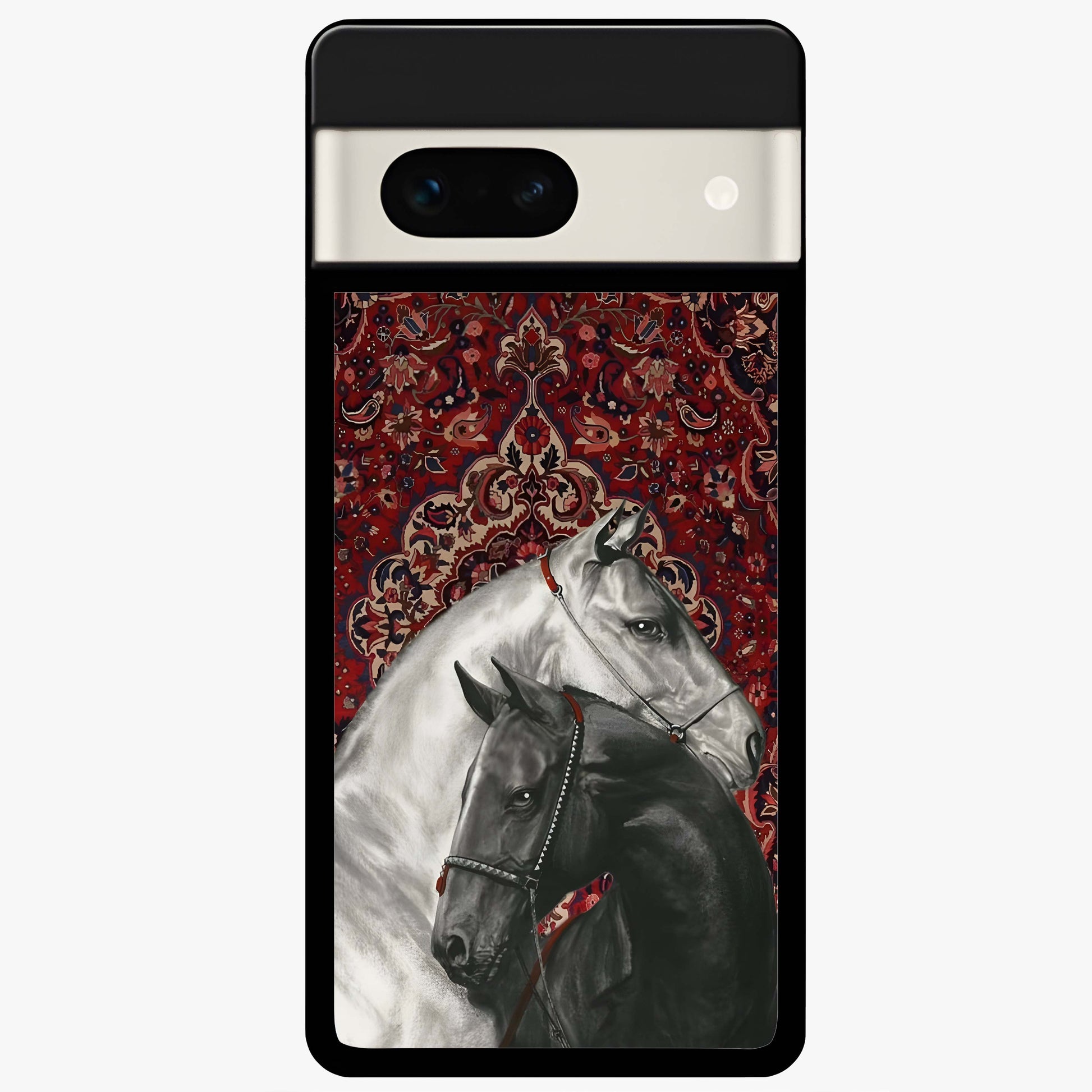 Regal Stallion Tapestry Glass Case showing flat back view with majestic horse tapestry artwork and glossy glass finish.