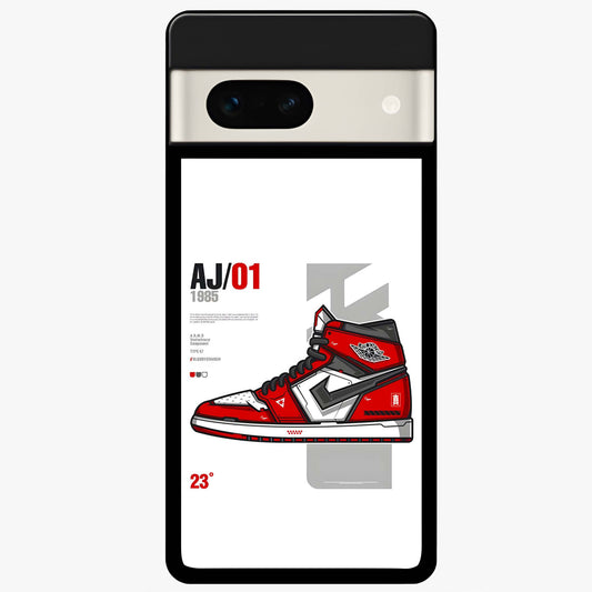 Retro Sneaker Blueprint Glass Case showing flat back view with sneaker blueprint style artwork and glossy glass finish.