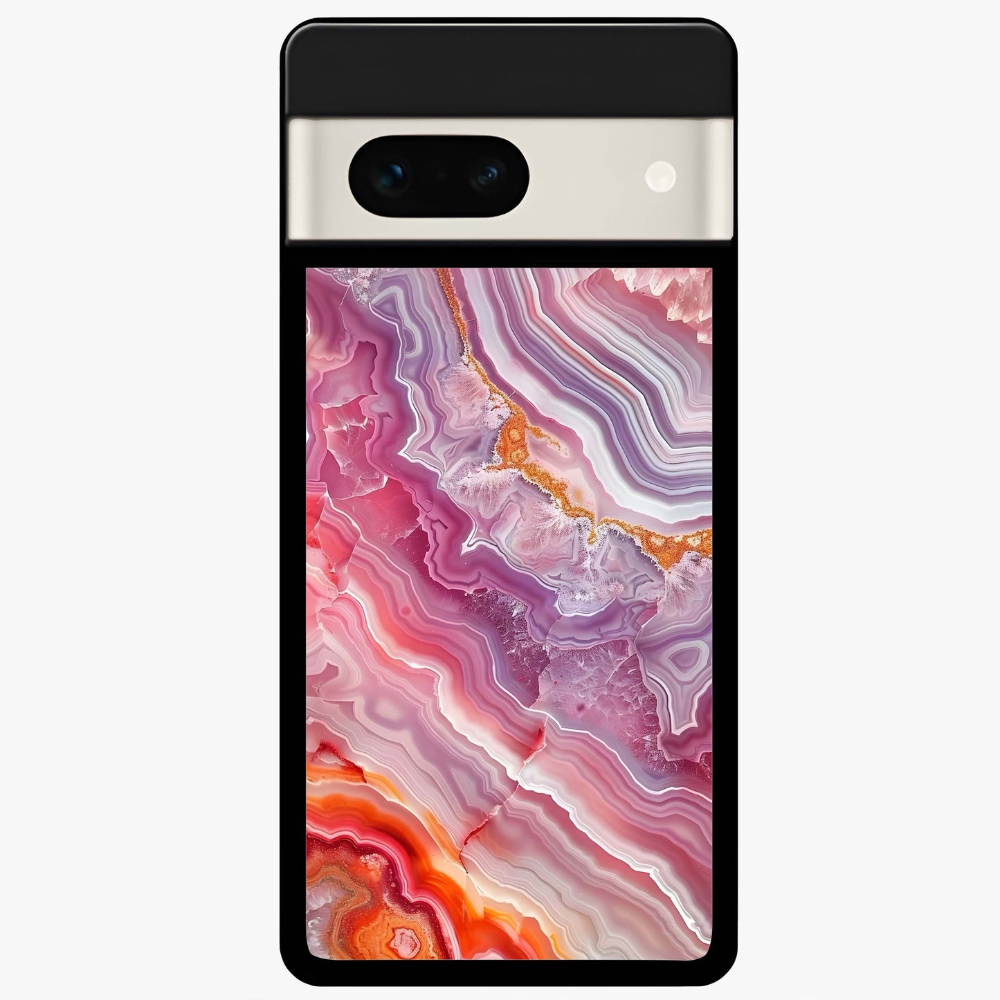 Rose Quartz Marble Glass Case showing flat back view with pink marble quartz texture artwork and glossy glass finish.