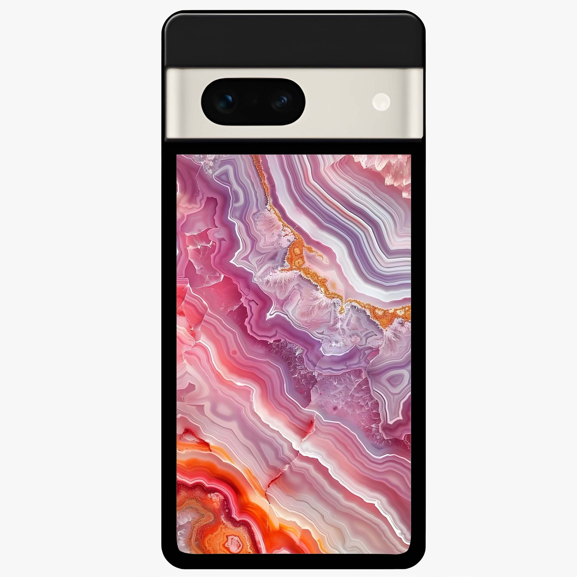 Rose Quartz Marble Glass Case showing flat back view with pink marble quartz texture artwork and glossy glass finish.