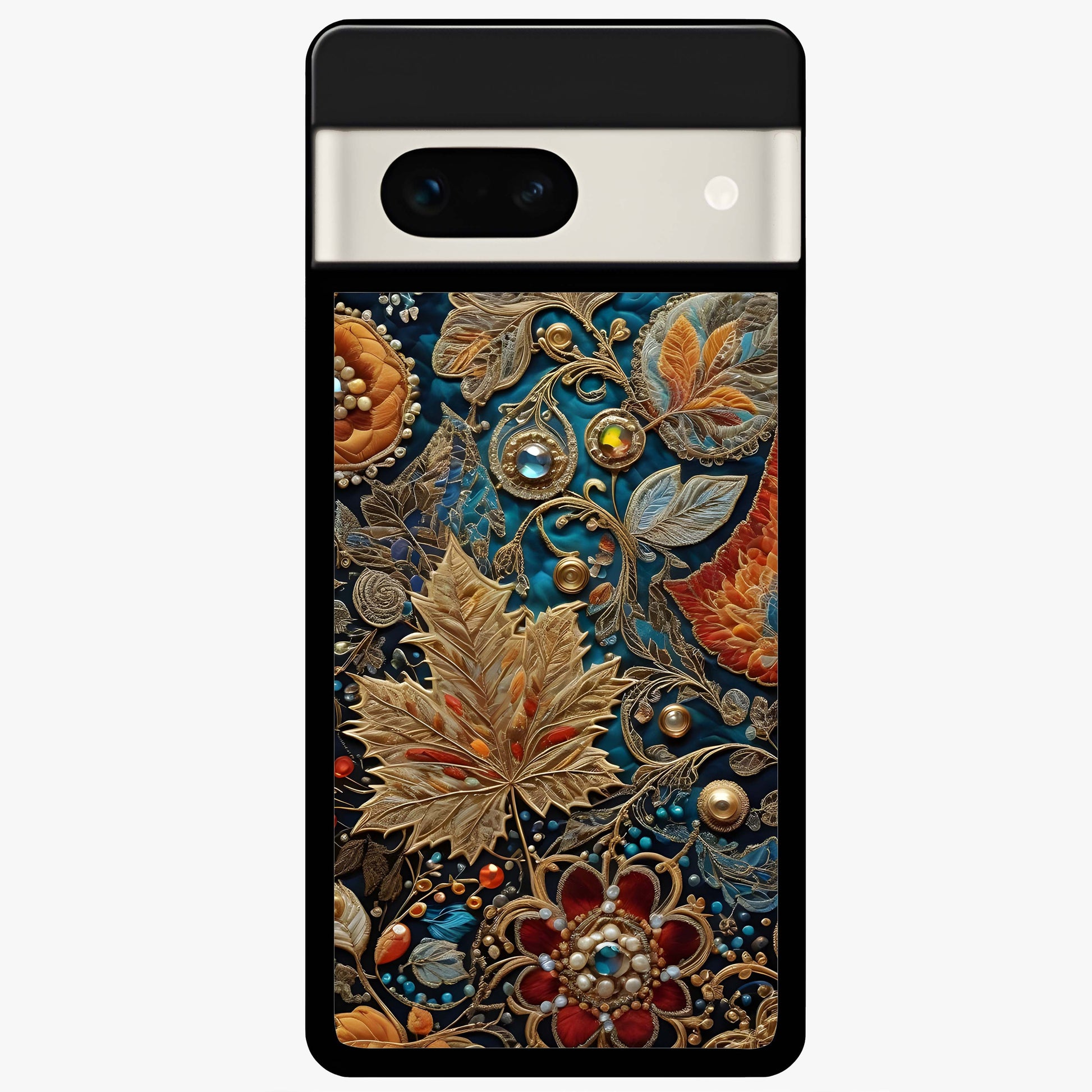 Royal Jewel Garden Glass Case showing flat back view with decorative floral garden artwork and glossy glass finish.