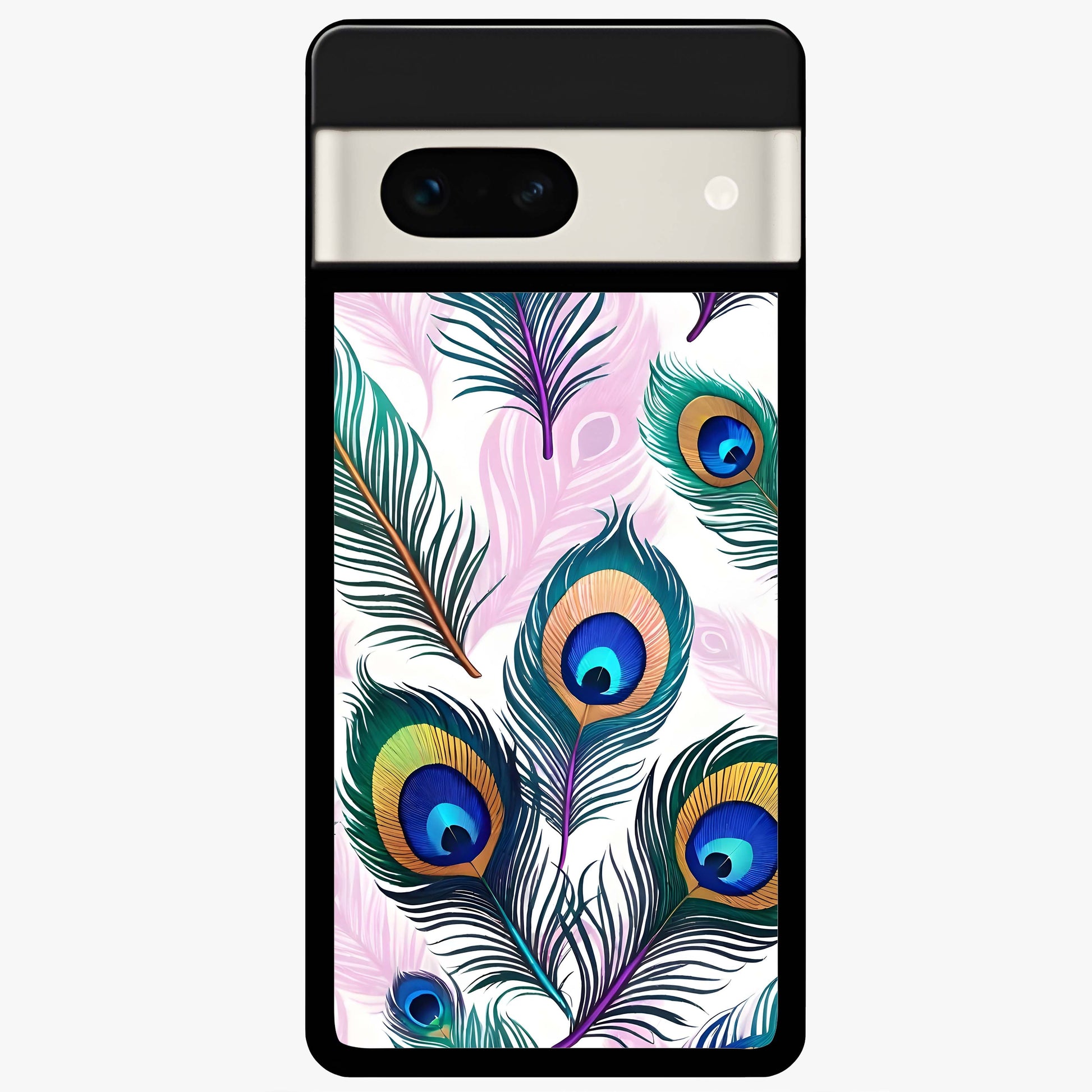 Royal Peacock Feathers Glass Case showing flat back view with colorful peacock feather artwork and glossy glass finish.