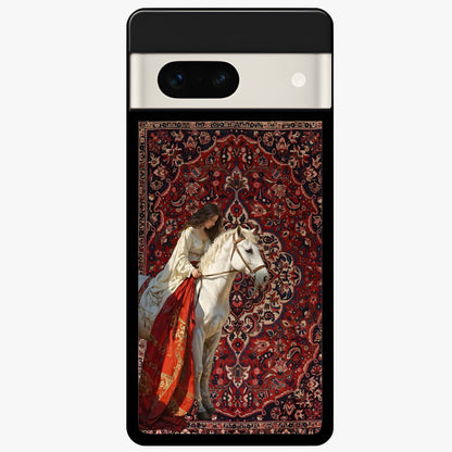 Royal Rider Tapestry Glass Case showing flat back view with majestic horse rider tapestry artwork and glossy glass finish.