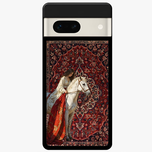 Royal Rider Tapestry Glass Case showing flat back view with majestic horse rider tapestry artwork and glossy glass finish.