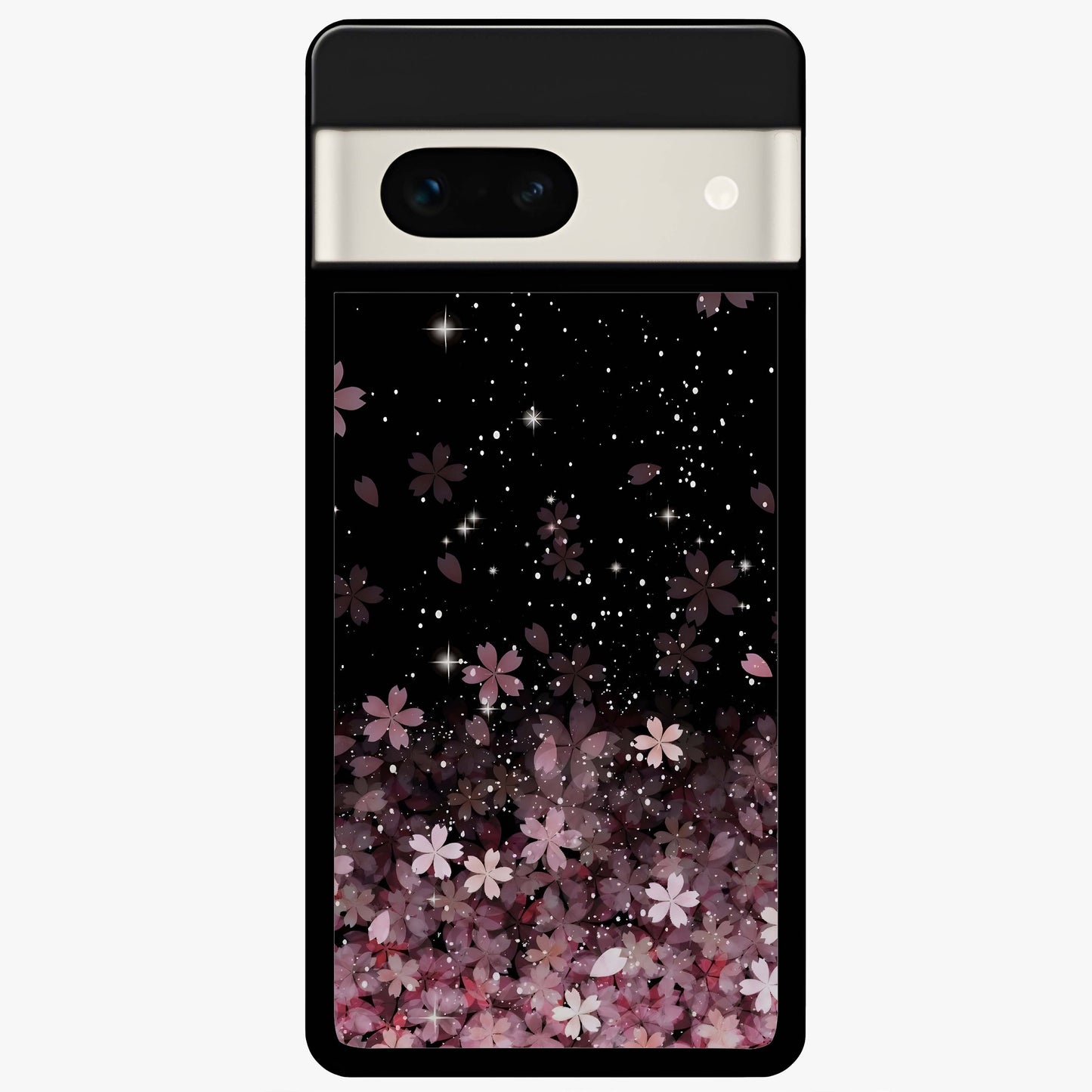Small Starry Flowers Glass Case showing flat back view with delicate starry floral artwork and glossy glass finish.
