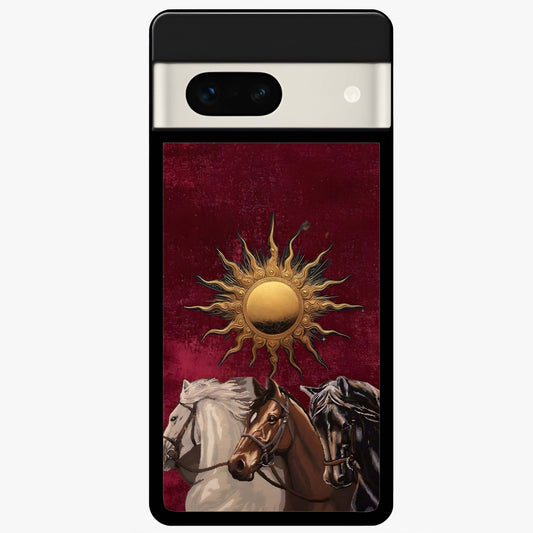 Solar Riders Glass Case showing flat back view with dynamic rider themed artwork and glossy glass finish.
