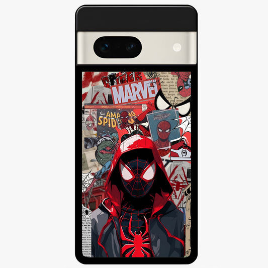Spider Collage Street Glass Case showing flat back view with vibrant superhero collage artwork and glossy glass finish.