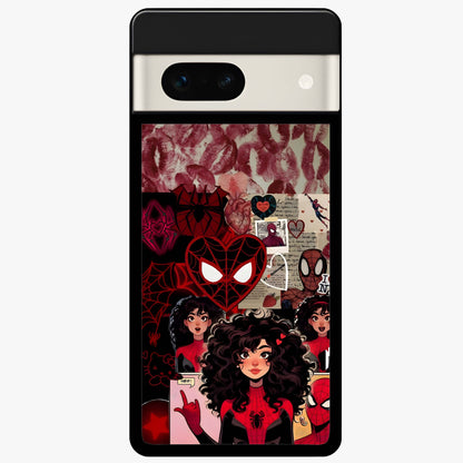 Spider Love Story Glass Case showing flat back view with romantic superhero themed artwork and glossy glass finish.