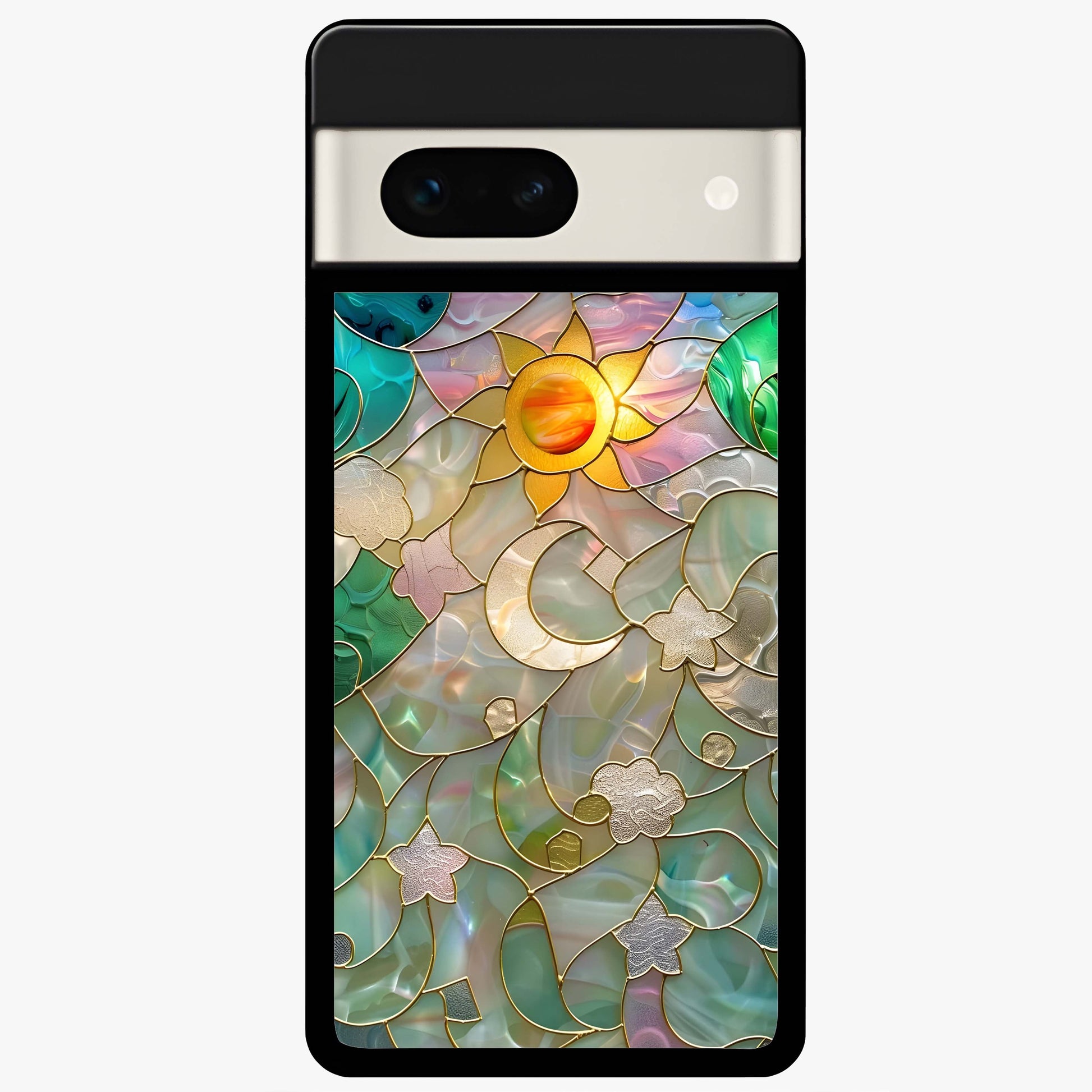 Stained Sunrise Glow Glass Case showing flat back view with glowing sunrise stained pattern artwork and glossy glass finish.