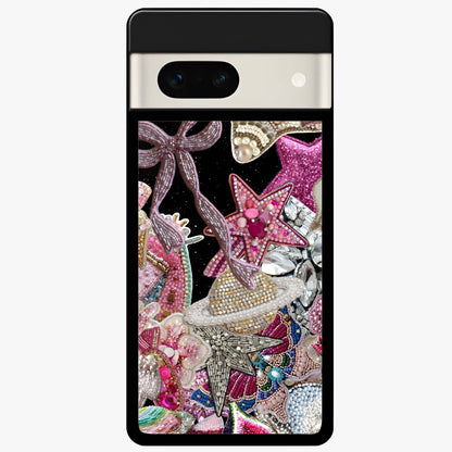 Starlit Jewel Dream Glass Case showing flat back view with sparkling jewel and star themed artwork and glossy glass finish.