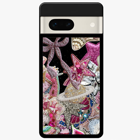 Starlit Jewel Dream Glass Case showing flat back view with sparkling jewel and star themed artwork and glossy glass finish.