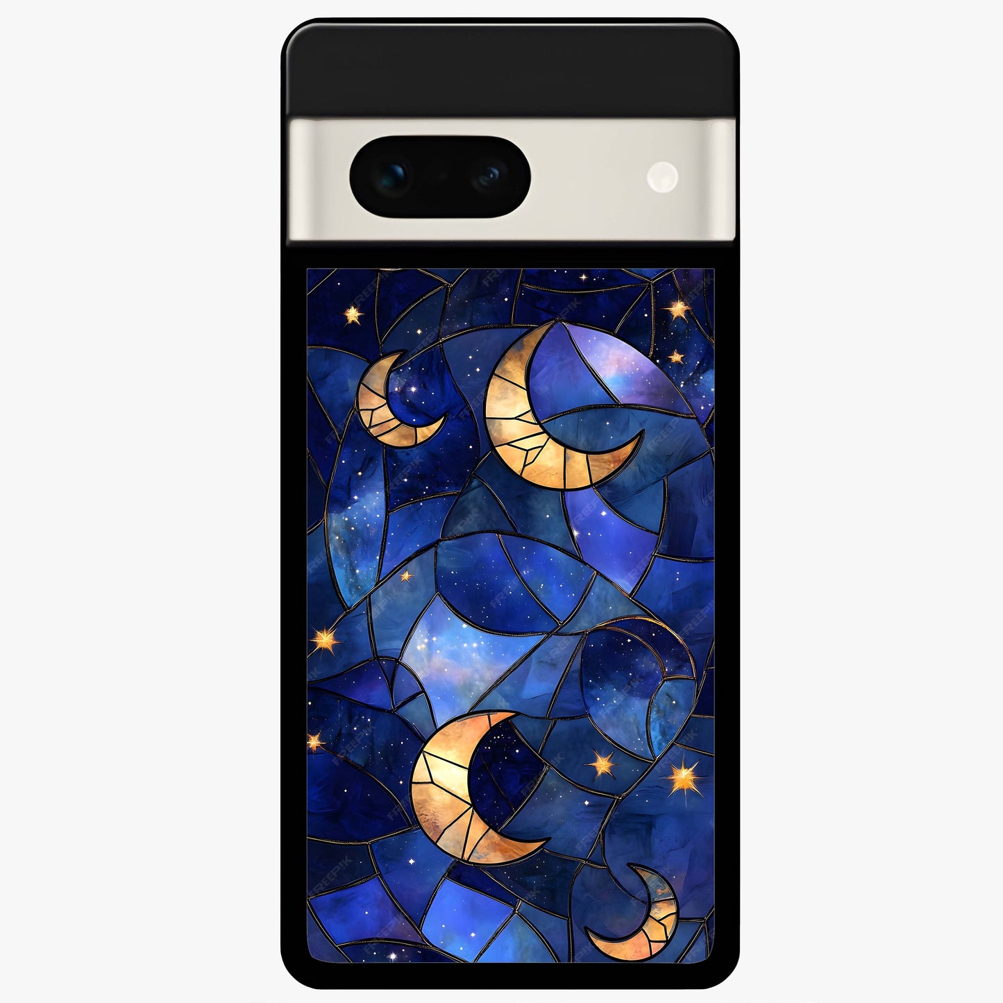 Starlit Sky Tapestry Glass Case showing flat back view with decorative starry sky tapestry artwork and glossy glass finish.
