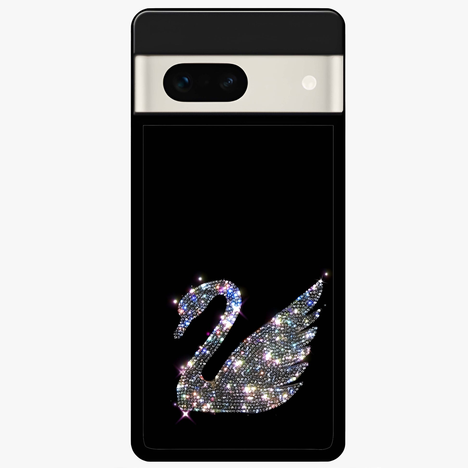 Starlit Swan Grace Glass Case showing flat back view with graceful swan artwork under starry sky and glossy glass finish.