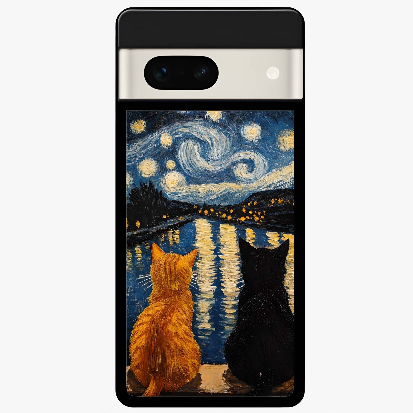 Starry River Cats Glass Case showing flat back view with cats by a starry river artwork and glossy glass finish.