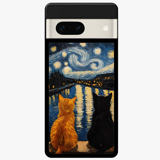 Starry River Cats Glass Case showing flat back view with cats by a starry river artwork and glossy glass finish.