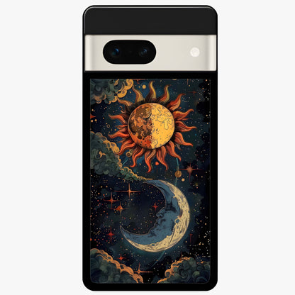 Sun And Moon Magic Design Glass Case showing flat back view with mystical sun and moon artwork and glossy glass finish.