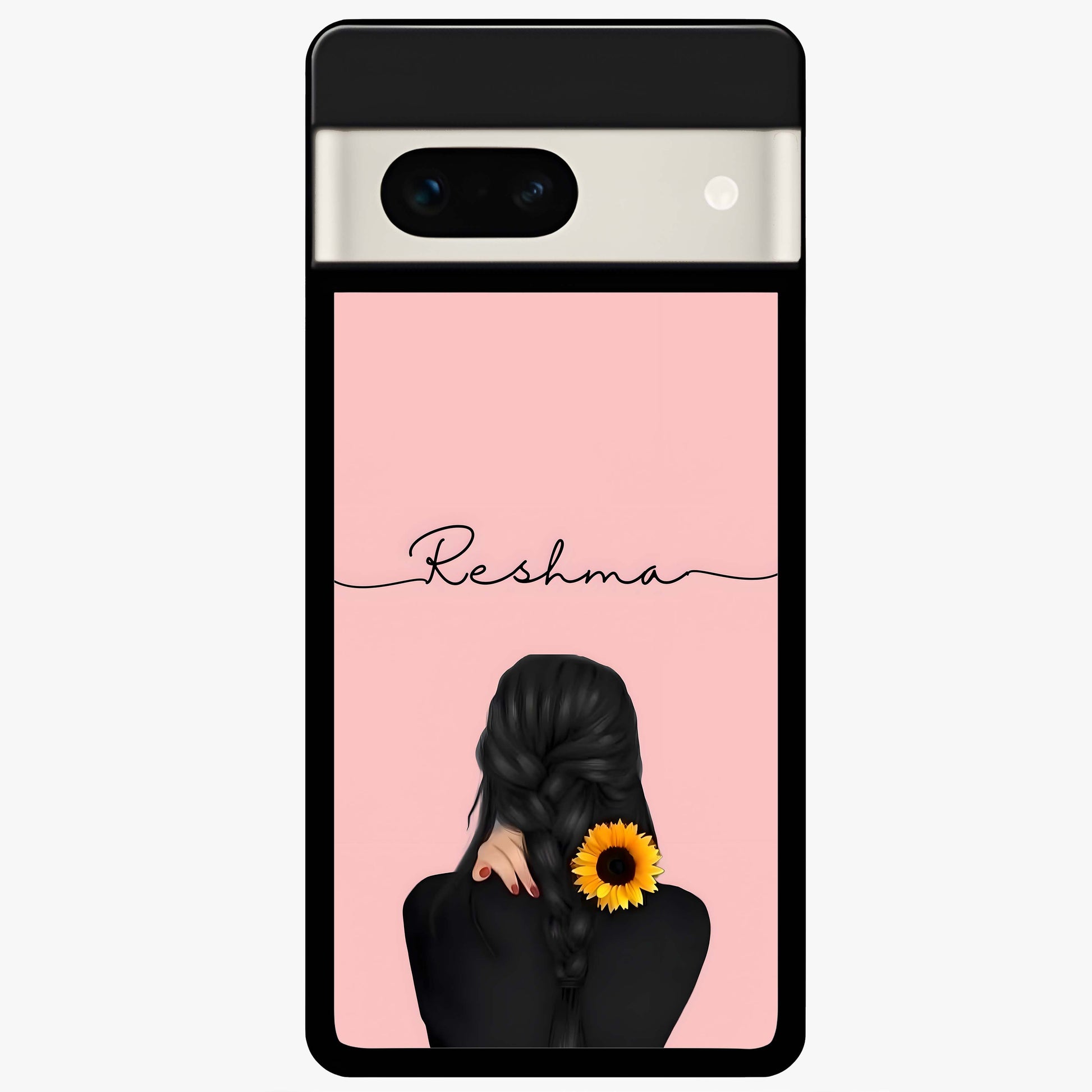 Sunflower Braid Beauty With Custom Name Glass Case showing flat back view with sunflower braid artwork and personalized name design.