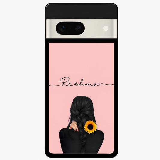 Sunflower Braid Beauty With Custom Name Glass Case showing flat back view with sunflower braid artwork and personalized name design.