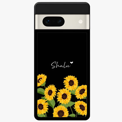 Sunflower Chic Mood Custom Name Glass Case showing flat back view with stylish sunflower artwork and personalized name design.