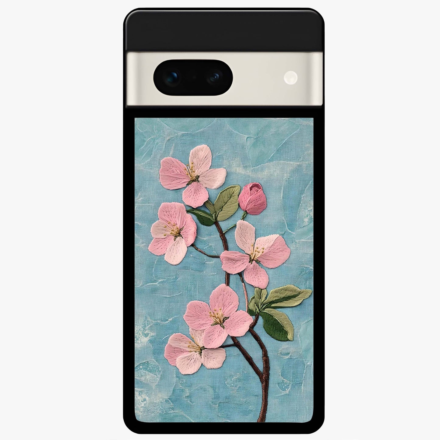 Threaded Blossom Breeze Glass Case showing flat back view with delicate blossom artwork and glossy glass finish.