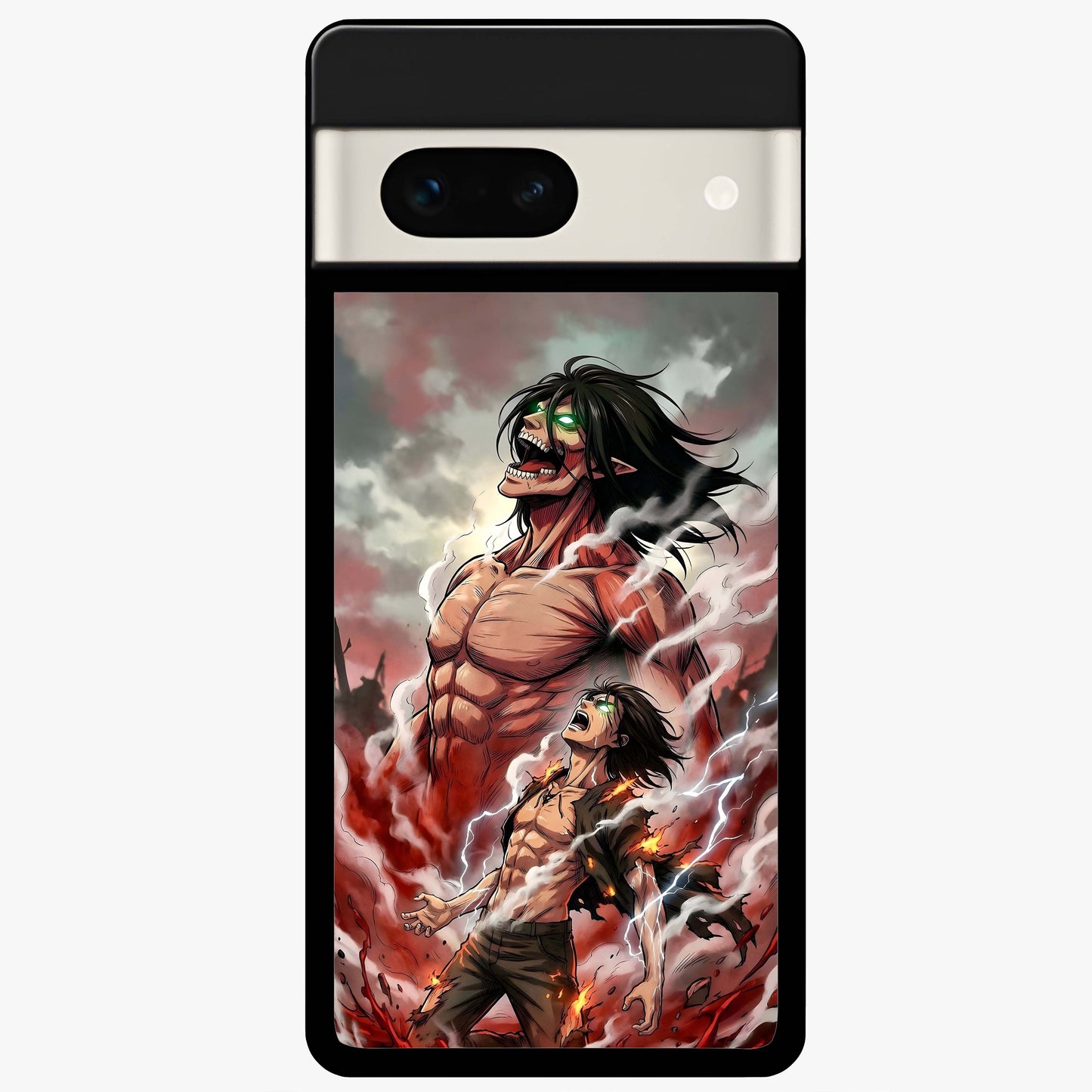 Titan Awakening Fury Glass Case showing flat back view with powerful titan inspired artwork and glossy glass finish.