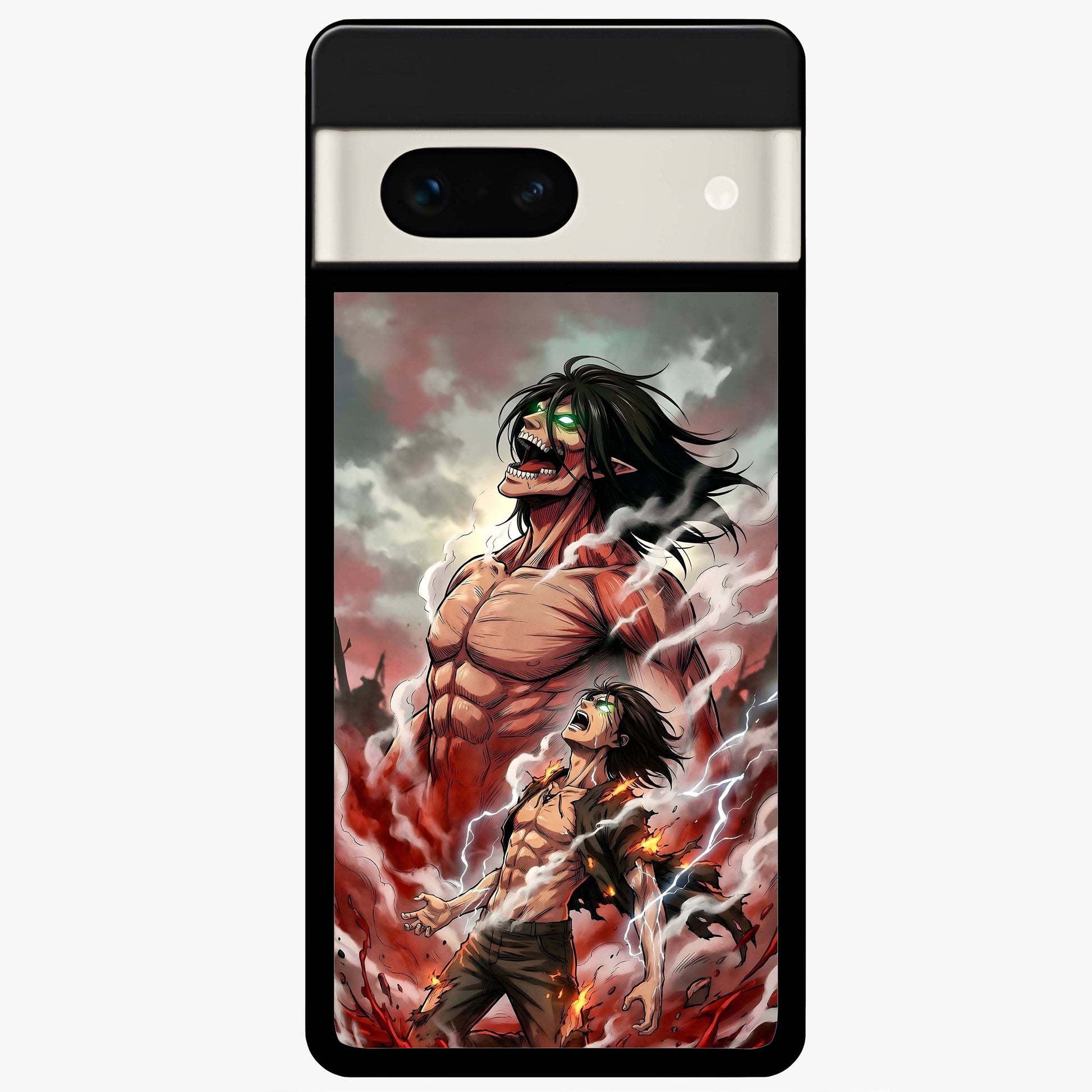 Titan Awakening Fury Glass Case showing flat back view with powerful titan inspired artwork and glossy glass finish.