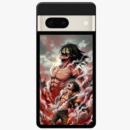 Titan Awakening Fury Glass Case showing flat back view with powerful titan inspired artwork and glossy glass finish.