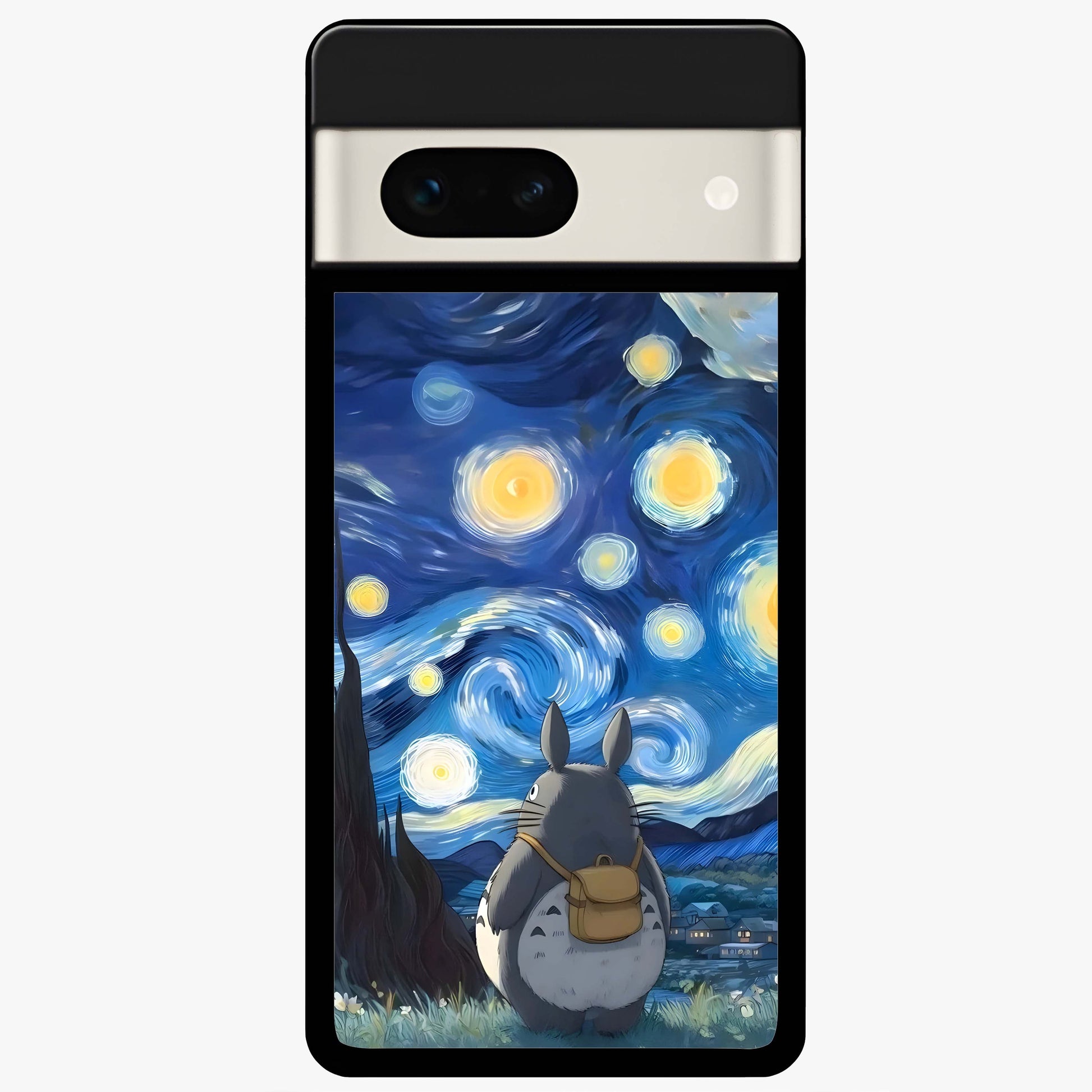 Totoro In Van Gogh Art Glass Case showing flat back view with whimsical character artwork inspired by Van Gogh style and glossy glass finish.