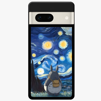 Totoro In Van Gogh Art Glass Case showing flat back view with whimsical character artwork inspired by Van Gogh style and glossy glass finish.