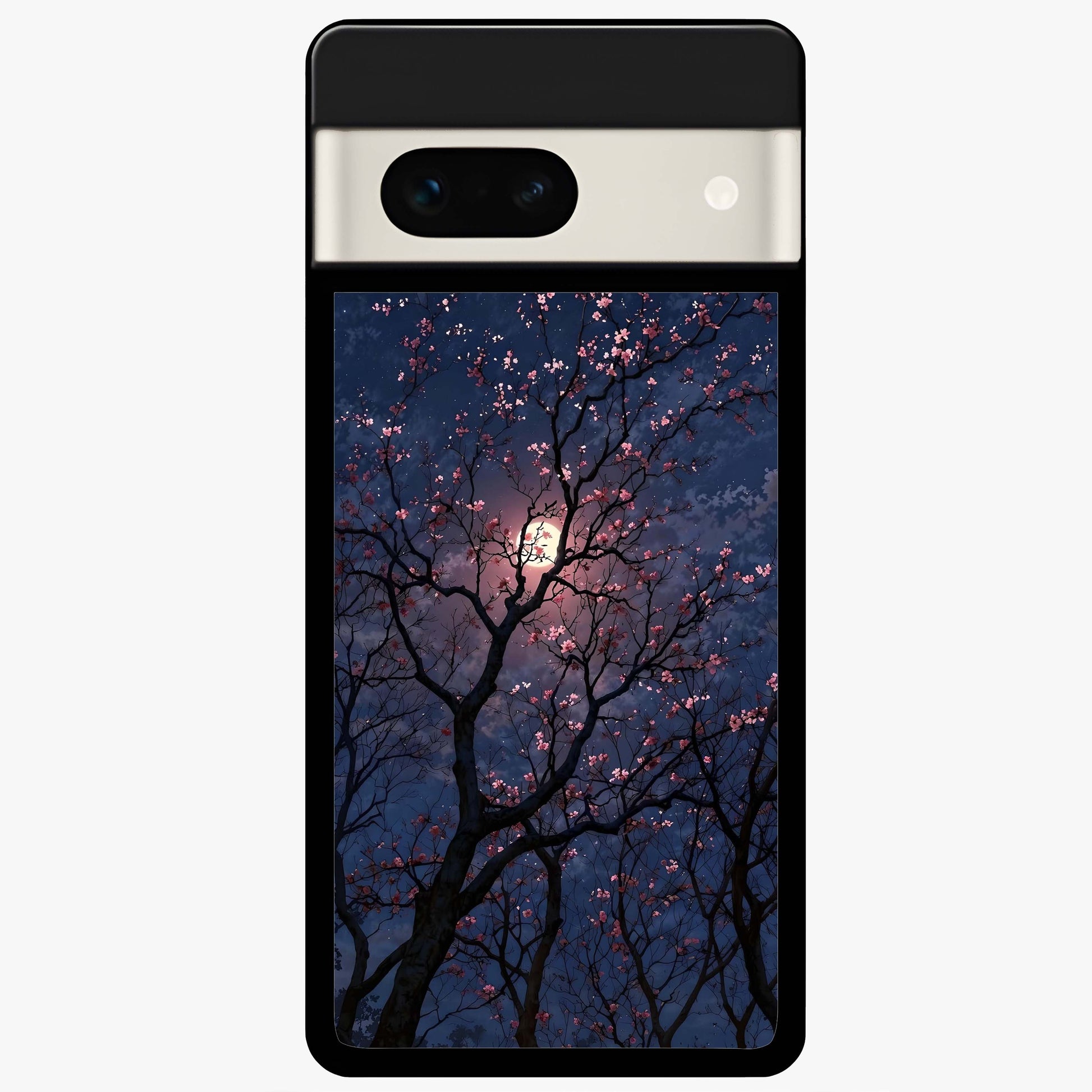 Twilight Sakura Serenade Glass Case showing flat back view with cherry blossom artwork at twilight and glossy glass finish.