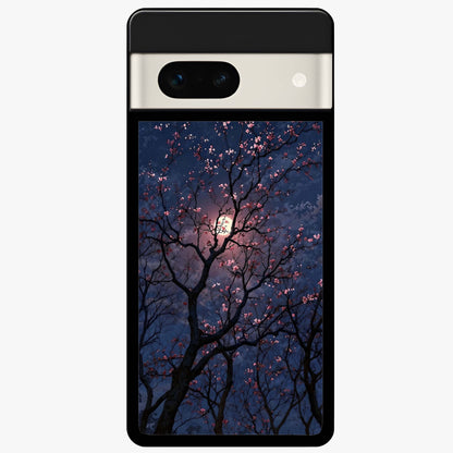 Twilight Sakura Serenade Glass Case showing flat back view with cherry blossom artwork at twilight and glossy glass finish.