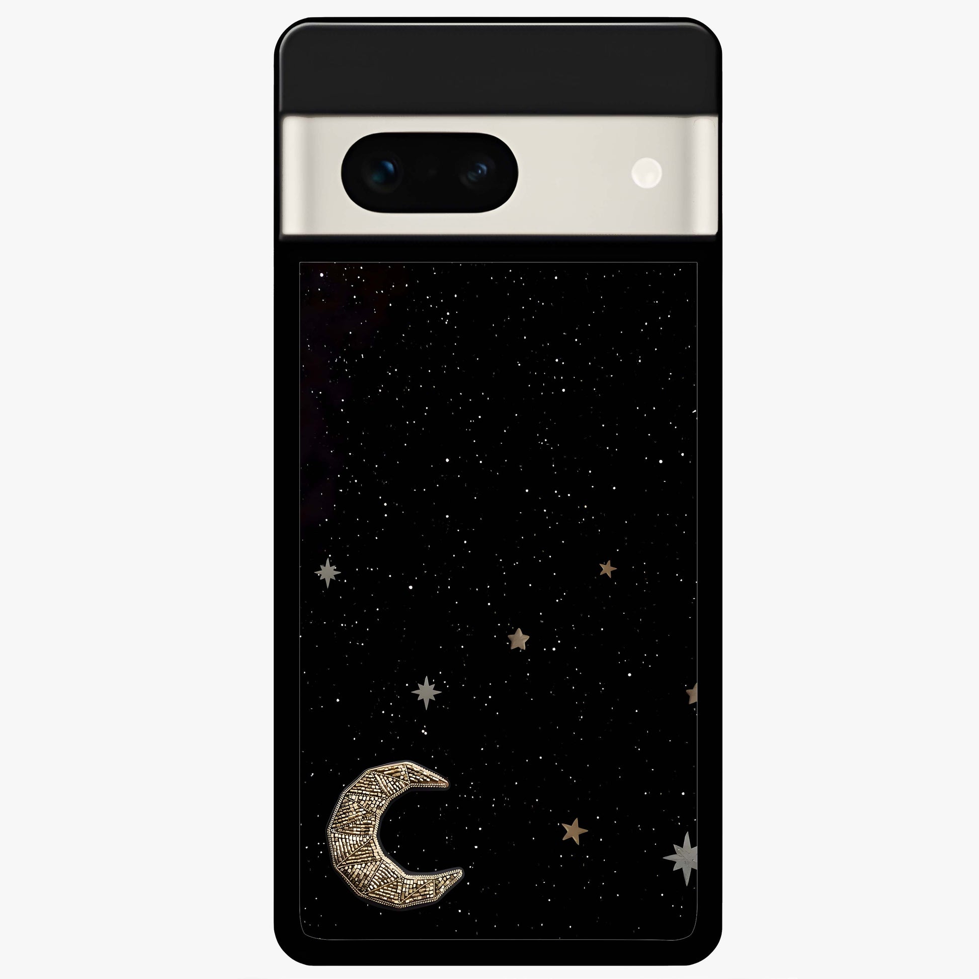 Twinkle Star With Half Moon Glass Case showing flat back view with star and half moon artwork and glossy glass finish.