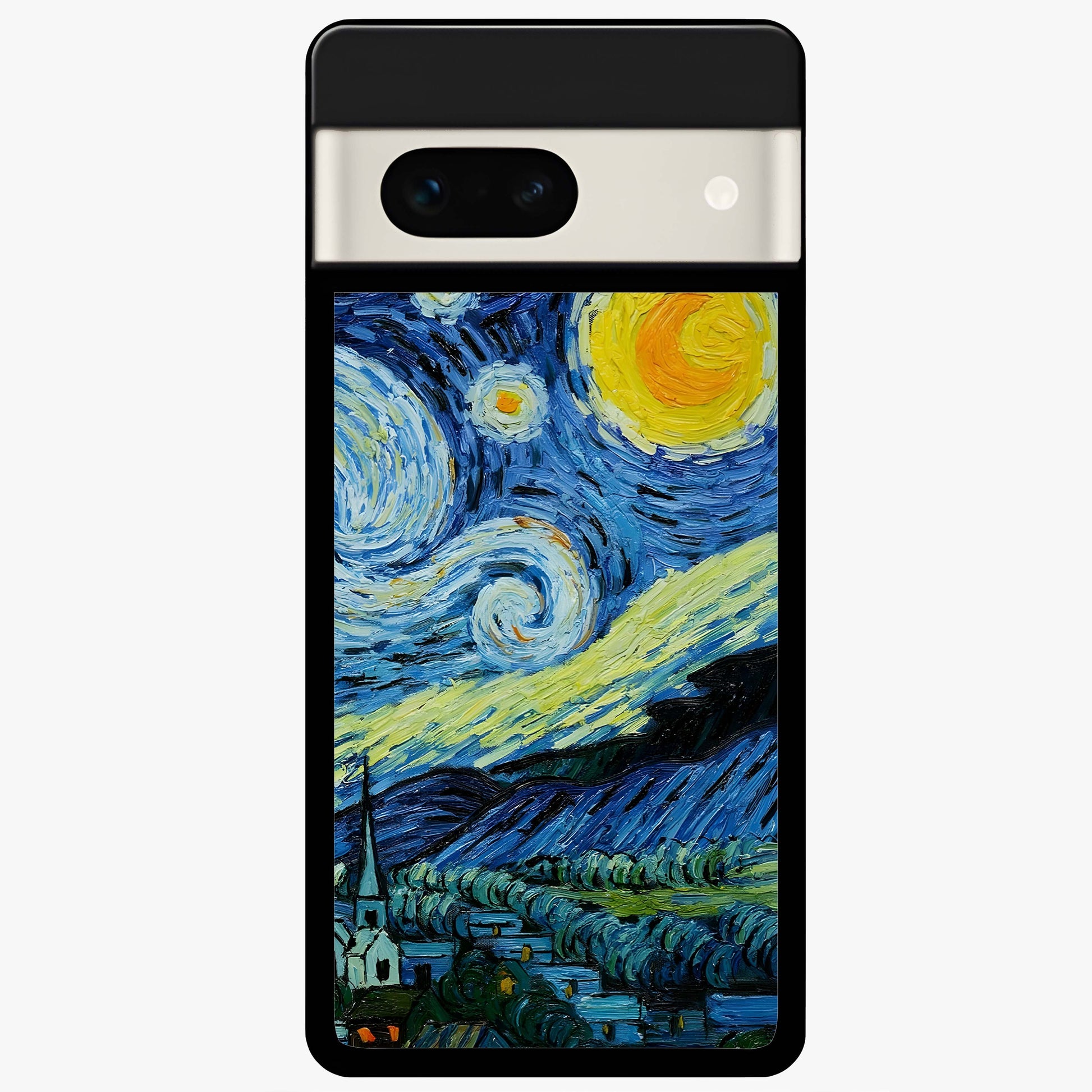 Van Gogh Art Glass Case showing flat back view with classic painterly artwork inspired by Van Gogh style and glossy glass finish.