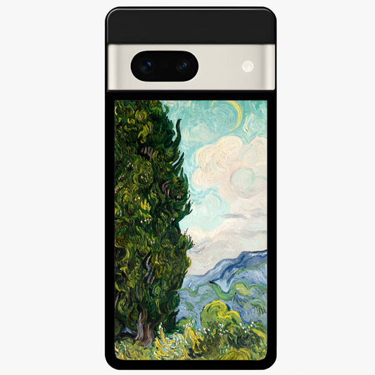 Van Gogh Vintage Art Glass Case showing flat back view with vintage painterly artwork inspired by Van Gogh style and glossy glass finish.