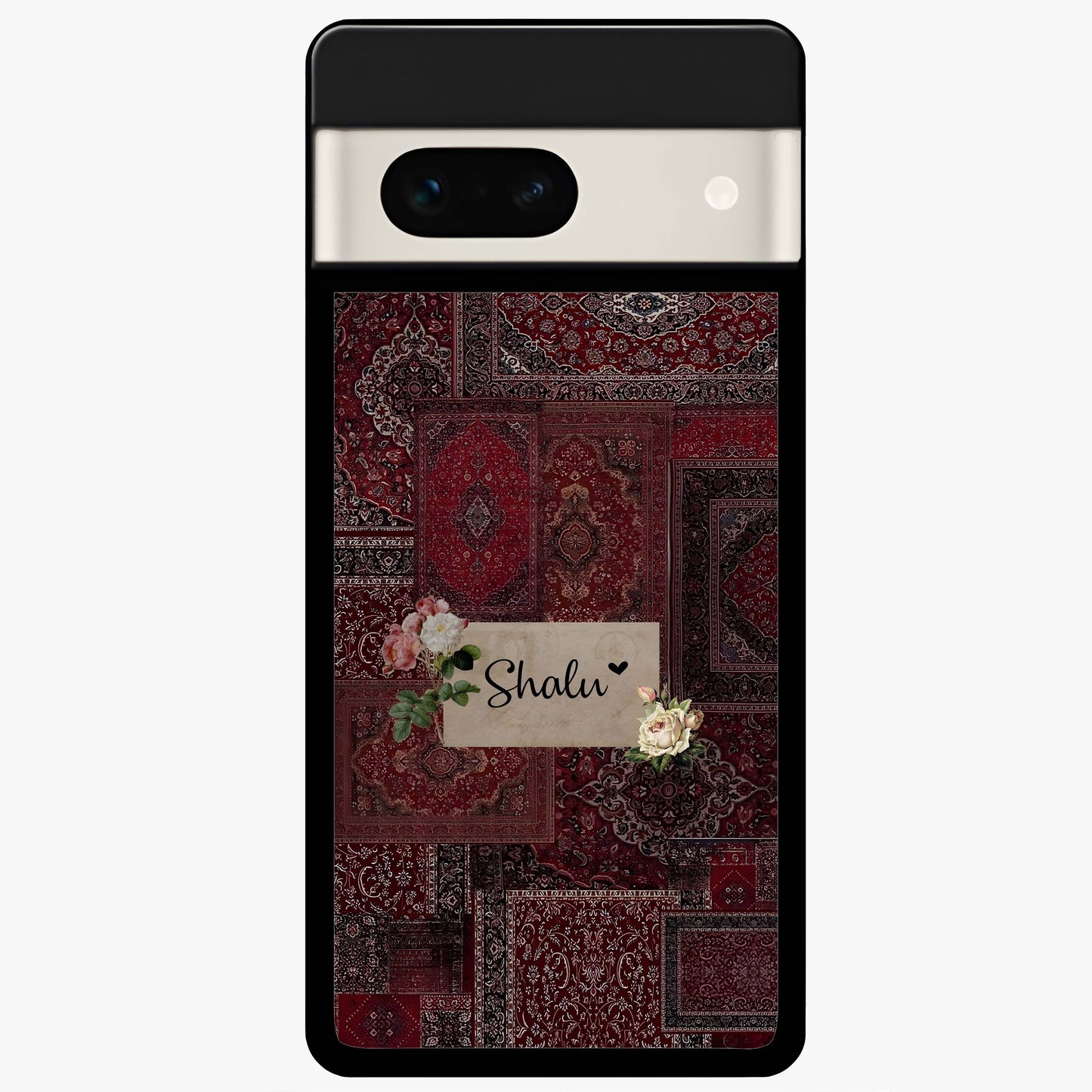 Velvet Wine Pattern Custom Name Glass Case showing flat back view with elegant wine colored pattern artwork and personalized name design.