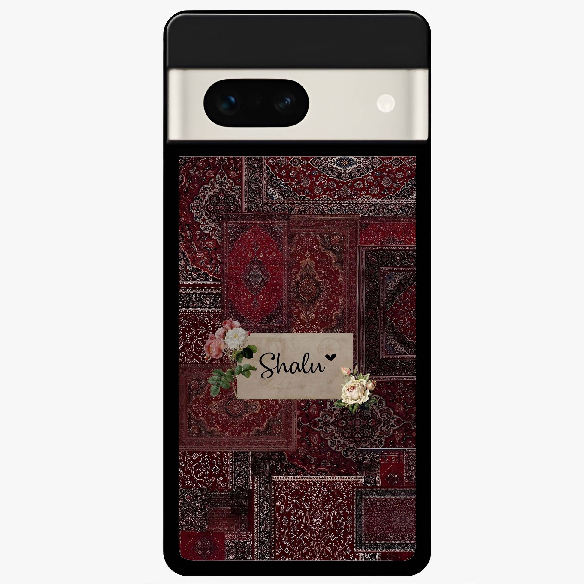 Velvet Wine Pattern Custom Name Glass Case showing flat back view with elegant wine colored pattern artwork and personalized name design.