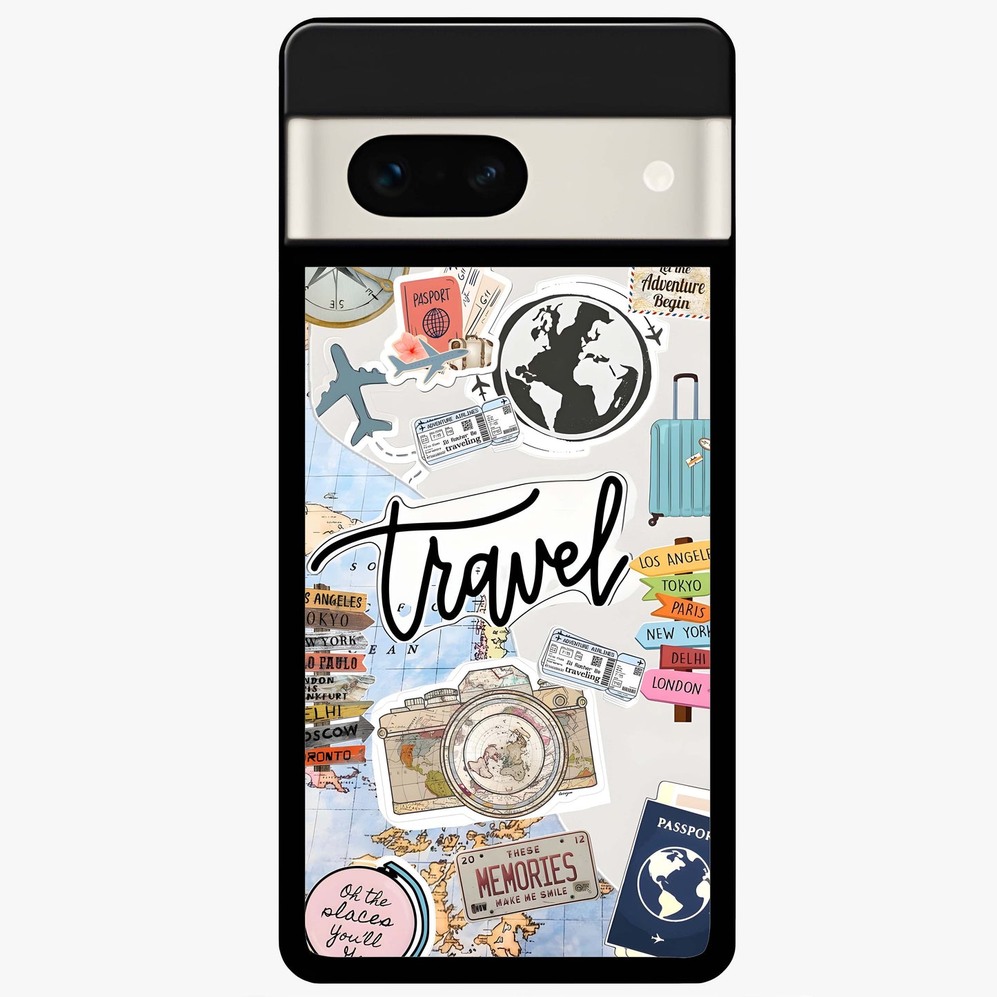Wanderlust Journal Glass Case showing flat back view with travel inspired artwork and glossy glass finish.