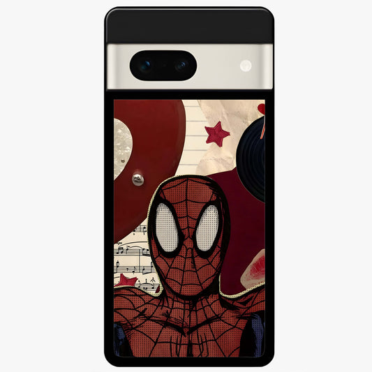 Web Warrior Vibes Glass Case showing flat back view with superhero inspired web themed artwork and glossy glass finish.
