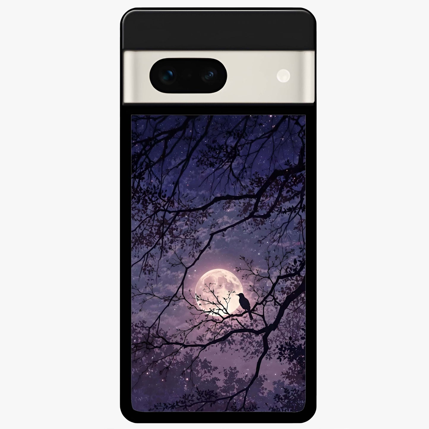 Whispering Moon Silence Glass Case showing flat back view with serene moon themed artwork and glossy glass finish.