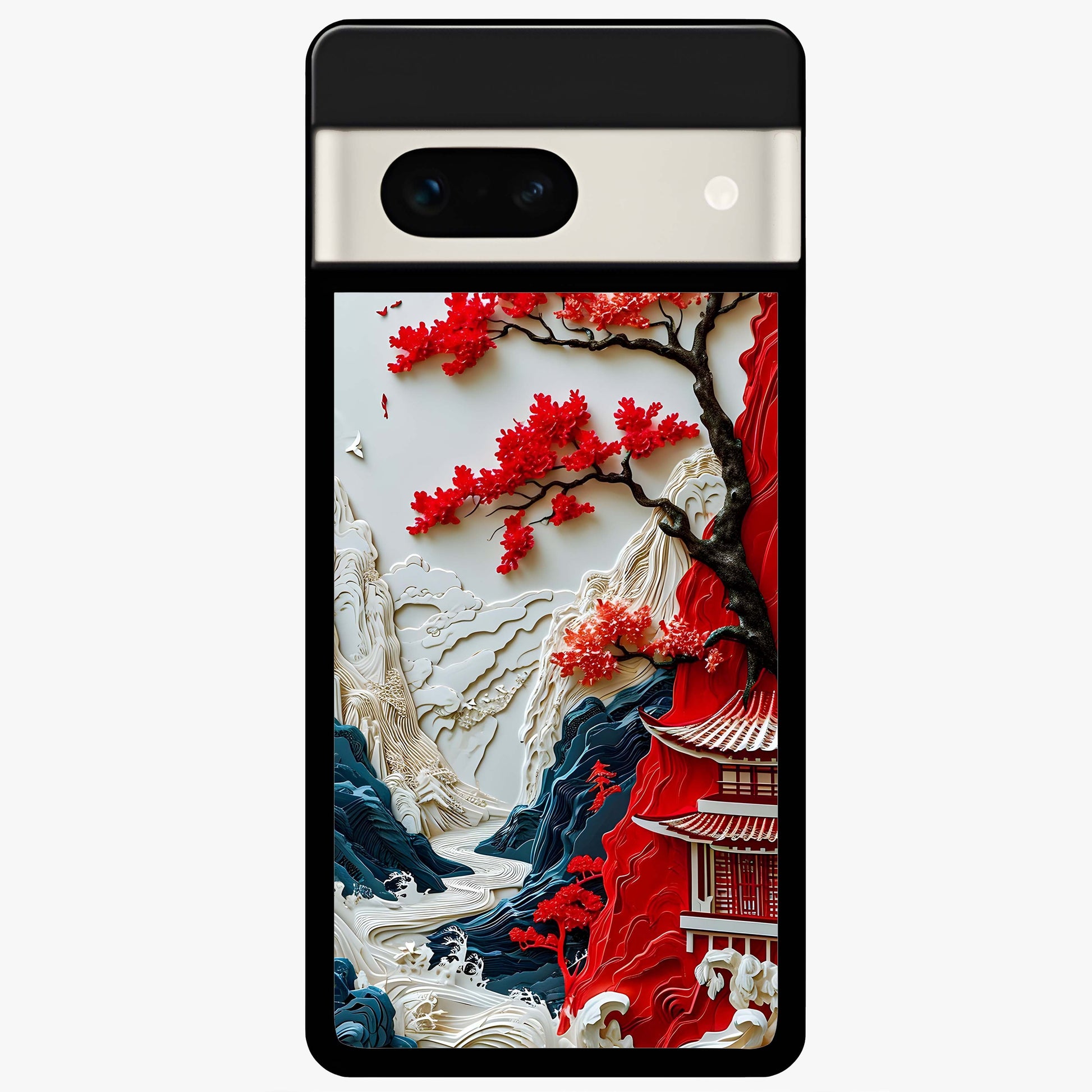 Whispers Of Sakura Waves Glass Case showing flat back view with cherry blossom wave artwork and glossy glass finish.