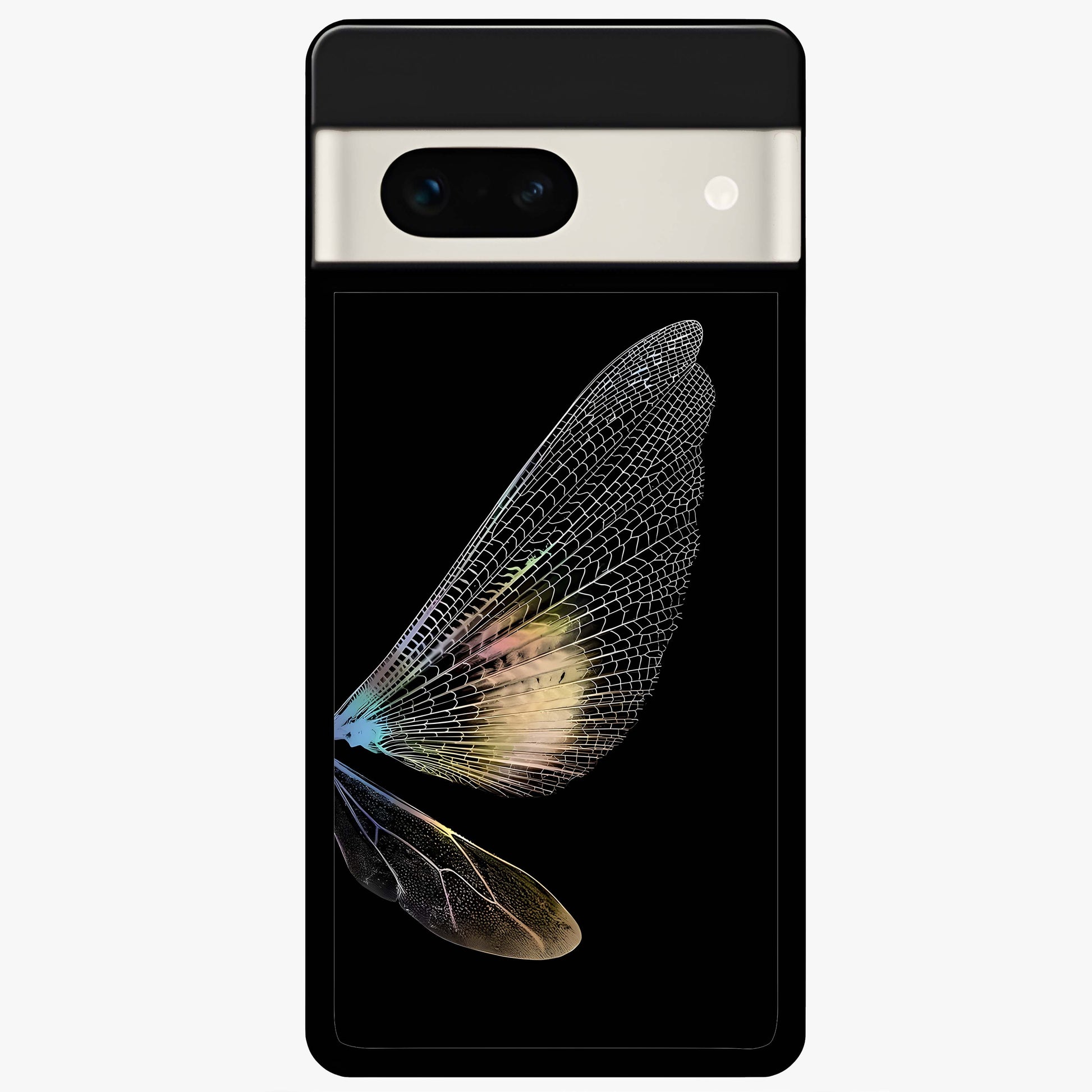 Whispers Of Wings Glass Case showing flat back view with graceful wing inspired artwork and glossy glass finish.