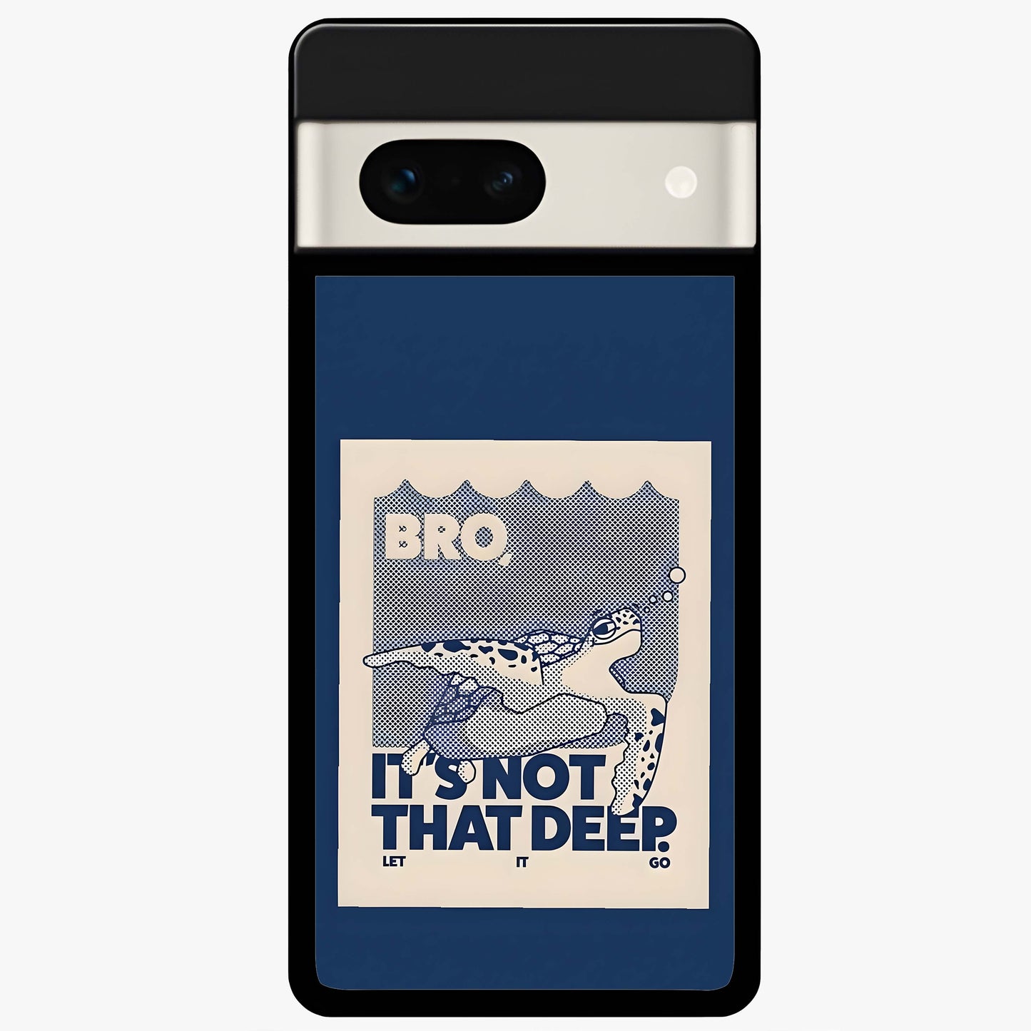 Worry Less Swim Glass Case showing flat back view with playful motivational artwork and glossy glass finish.