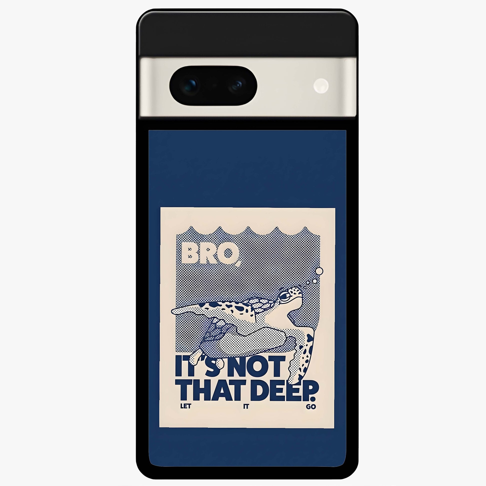 Worry Less Swim Glass Case showing flat back view with playful motivational artwork and glossy glass finish.