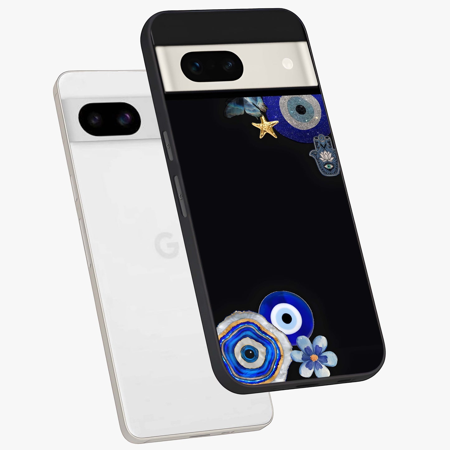 Aesthetic Blue Evil Eye Glass Case displayed in angled mockup highlighting blue evil eye symbol and spiritual aesthetic design.
